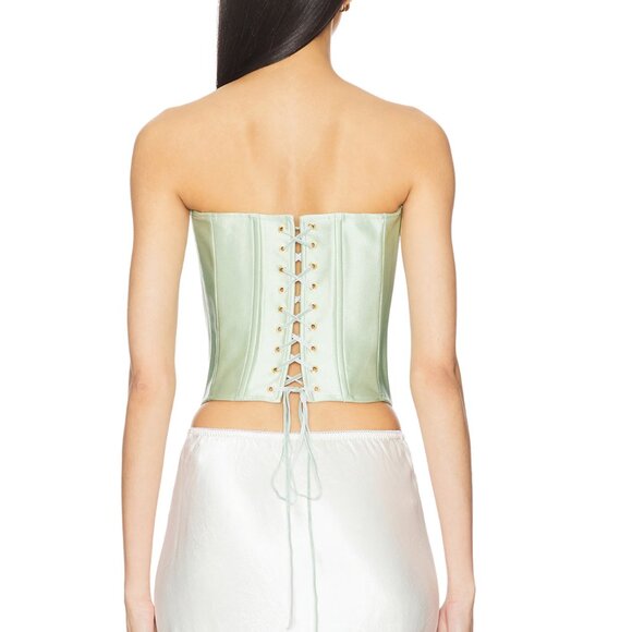 Rezek Studio Star Corset Wasabi Green Satin Strapless Crop Top - Picture 3 of 5